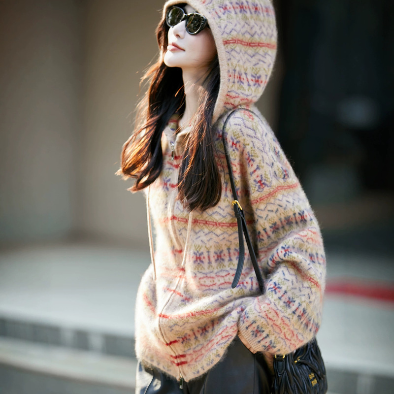 Women's fleece-lined, heavy-duty, thick, zippered hooded sweater, autumn and winter warm, casual hooded pullover