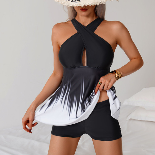 Women's 2025 Bodycon Swimsuit, European and American Style, Gradient Swimwear, High-Waisted Bikini Bottom, Tankini