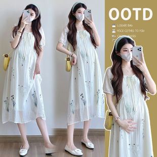 Maternity Wear Summer New Style French Embroidered Floral Elegant Slimming Age-Reducing Mid-Length Dress