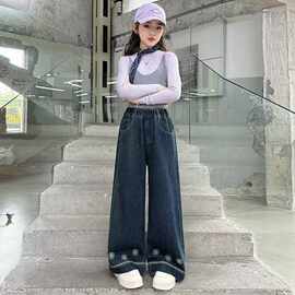 女童裤子韩系女生洋气刺绣直筒裤中大童春秋款休闲牛仔裤外贸批发