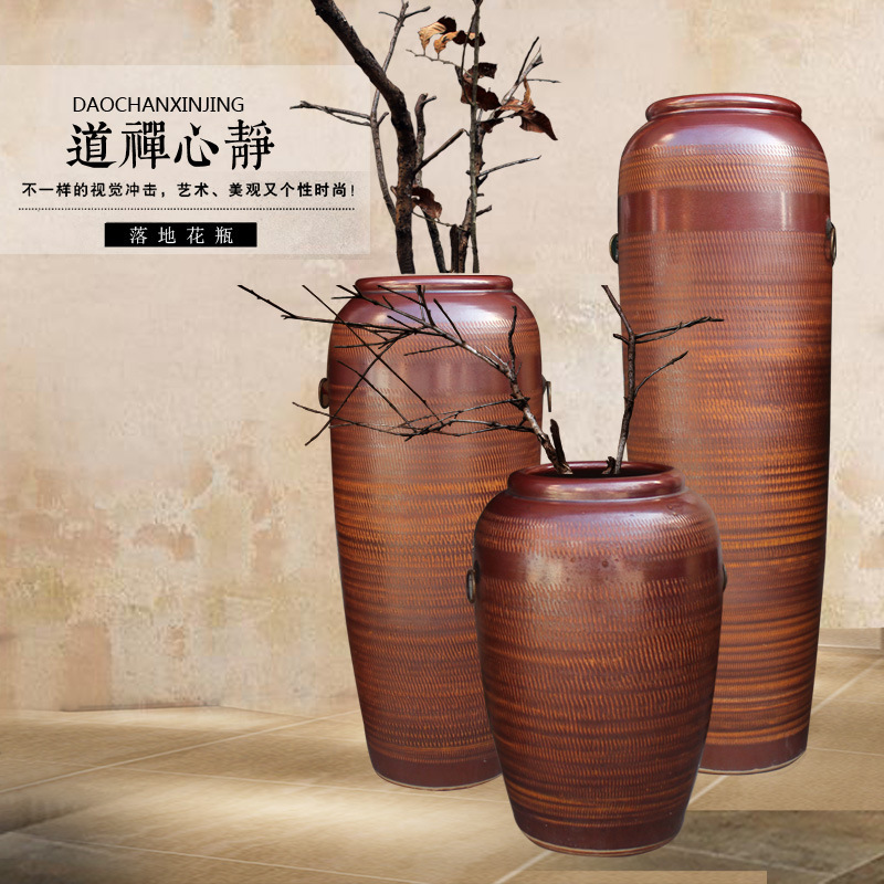 New Chinese Style Retro Stoneware Floor-Standing Ornaments Vase Large Pottery Jar Hotel Restaurant Club Villa Courtyard Furnishings