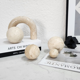 New Chinese-Style Natural Marble Yellow Travertine Geometric Round Stone Ornaments for Model Rooms, Bookcases, Wine Cabinets, and Entryways