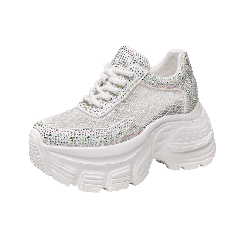 Giày sneaker nữ đế dày lưới thoáng khí đính đá rhinestone — Màu trắng