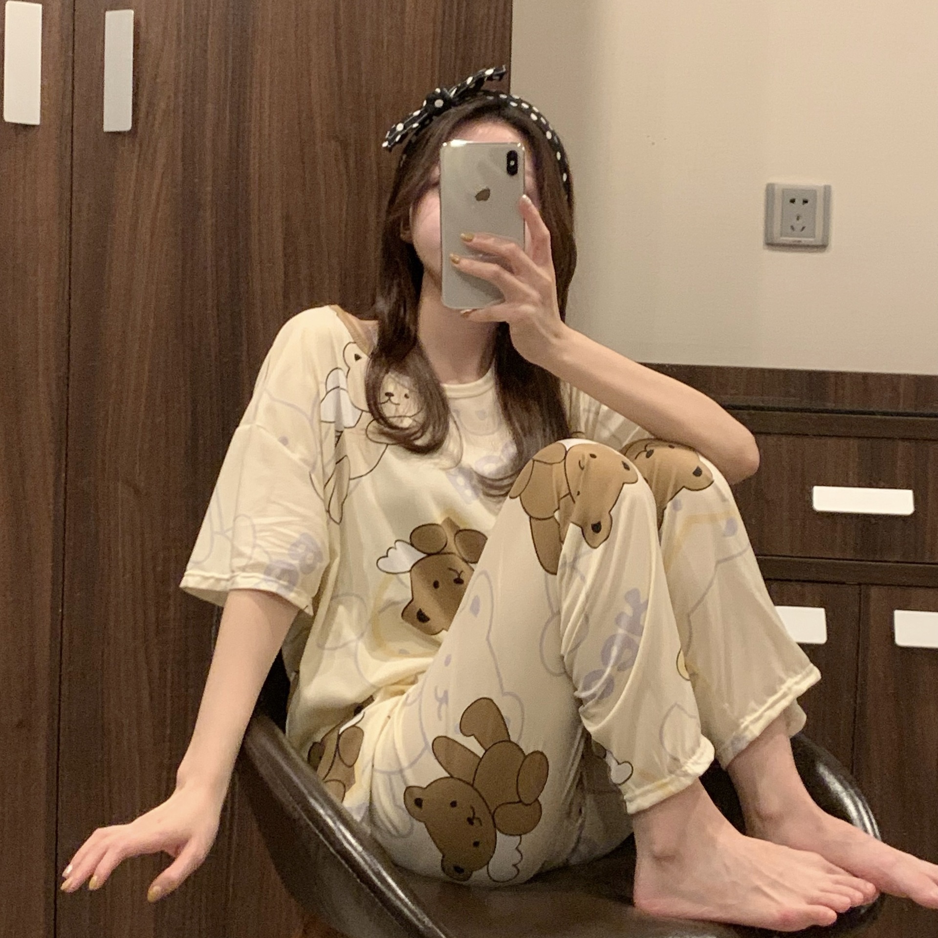 Pijamas primavera y otoño de las mujeres de verano Pantalones de manga corta más el tamaño flojo estilo coreano fresco lindo estudiante dulce traje de desgaste para el hogar