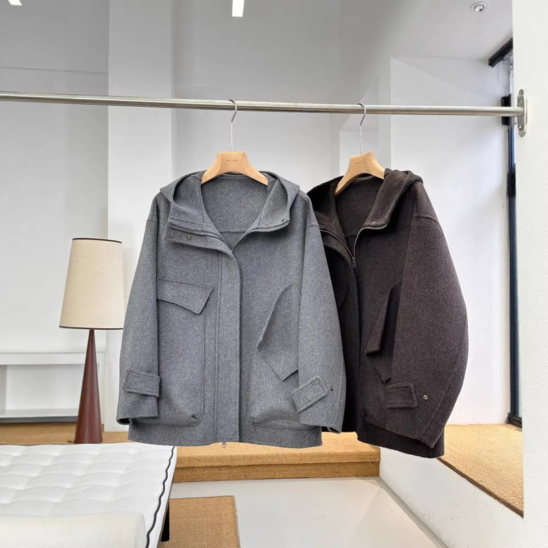 2400+ Items! 100% Merino Wool Relaxed Fit Irregular Pocket Hooded Double-Sided Wool Coat Women's Winter Woolen Jacket