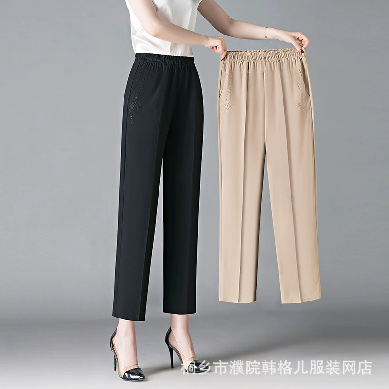 Женские брюки среднего и пожилого возраста Летние ледяные шелковые укороченные брюки 2025 новые мамы тонкие брюки с высокой талией прямой брюки