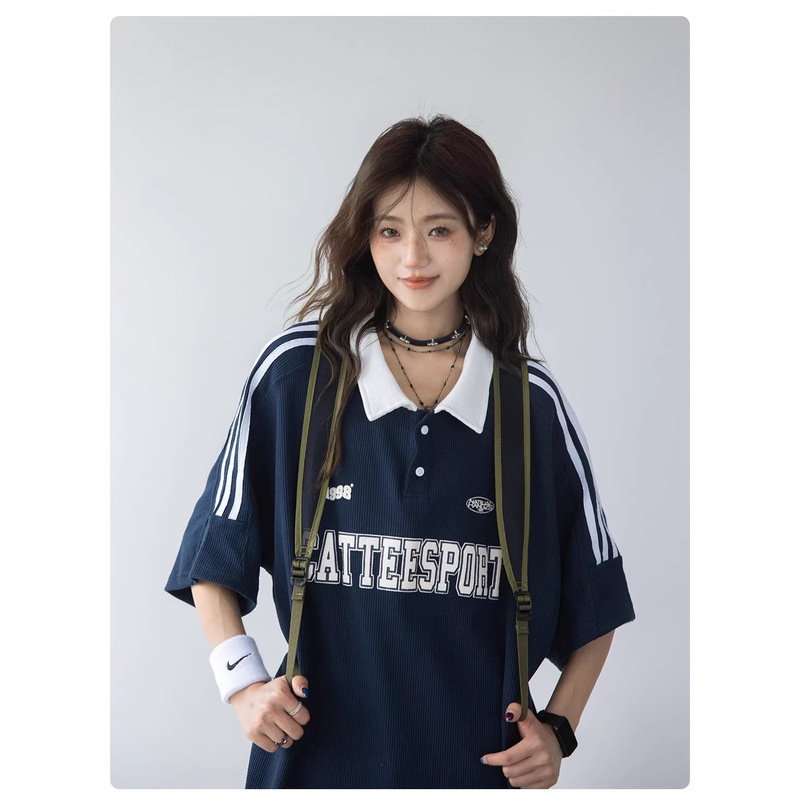"Chant2Nd" American-Style Waffle Polo Shirt Short-Sleeved Women's T-Shirt Summer Color-Blocking Striped Lapel Top "Chant2Nd" American-Style Waffle Polo Shirt Short-Sleeved Women's T-Shirt Summer Color-Blocking Striped Lapel Top