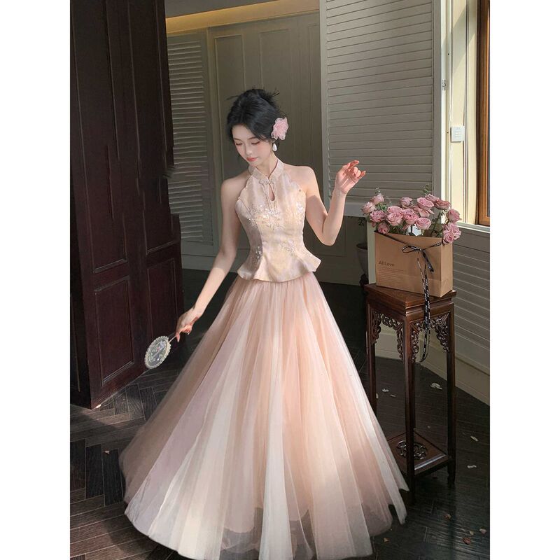 Cloudy Gauze New Chinese Style Retro National Style Halter Neck Beaded Embroidery Set Mesh Slim Fit Elegant Long Dress