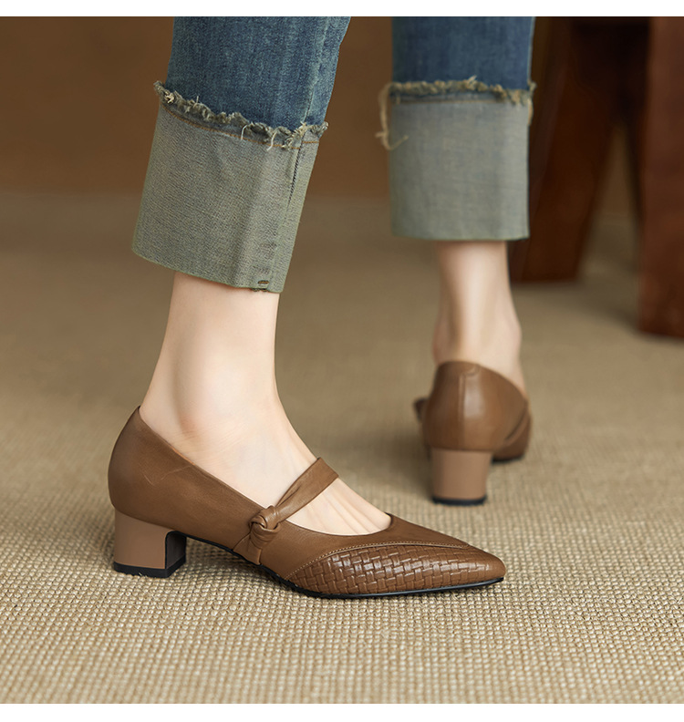 Giày Mary Jane nữ mũi nhọn miệng nông da bò thật gót dày 4cm kiểu Pháp — đen chi tiết 9