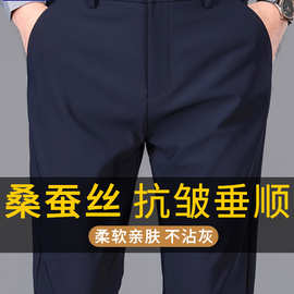 罗蒙2025春季新款桑蚕丝休闲裤中年男士轻奢直筒长裤子商务西装裤