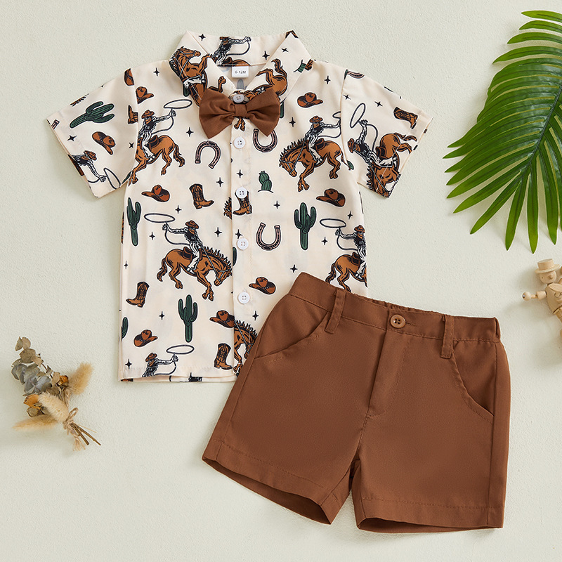Cross-Border Summer New Kidsren's Clothing Boys' Western Wrangler Printed Short-Sleeved Bow Tie Shirt + Shorts Two-Piece Set Cross-Border Summer New Kidsren's Clothing Boys' Western Wrangler Printed Short-Sleeved Bow Tie Shirt + Shorts Two-Piece Set