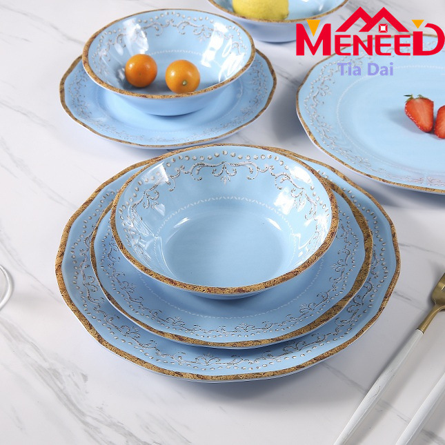 12-Piece Tableware Luxury Set Shatter-Resistant Blue with Lace Printing Melamine Tableware Set Can Be Customized