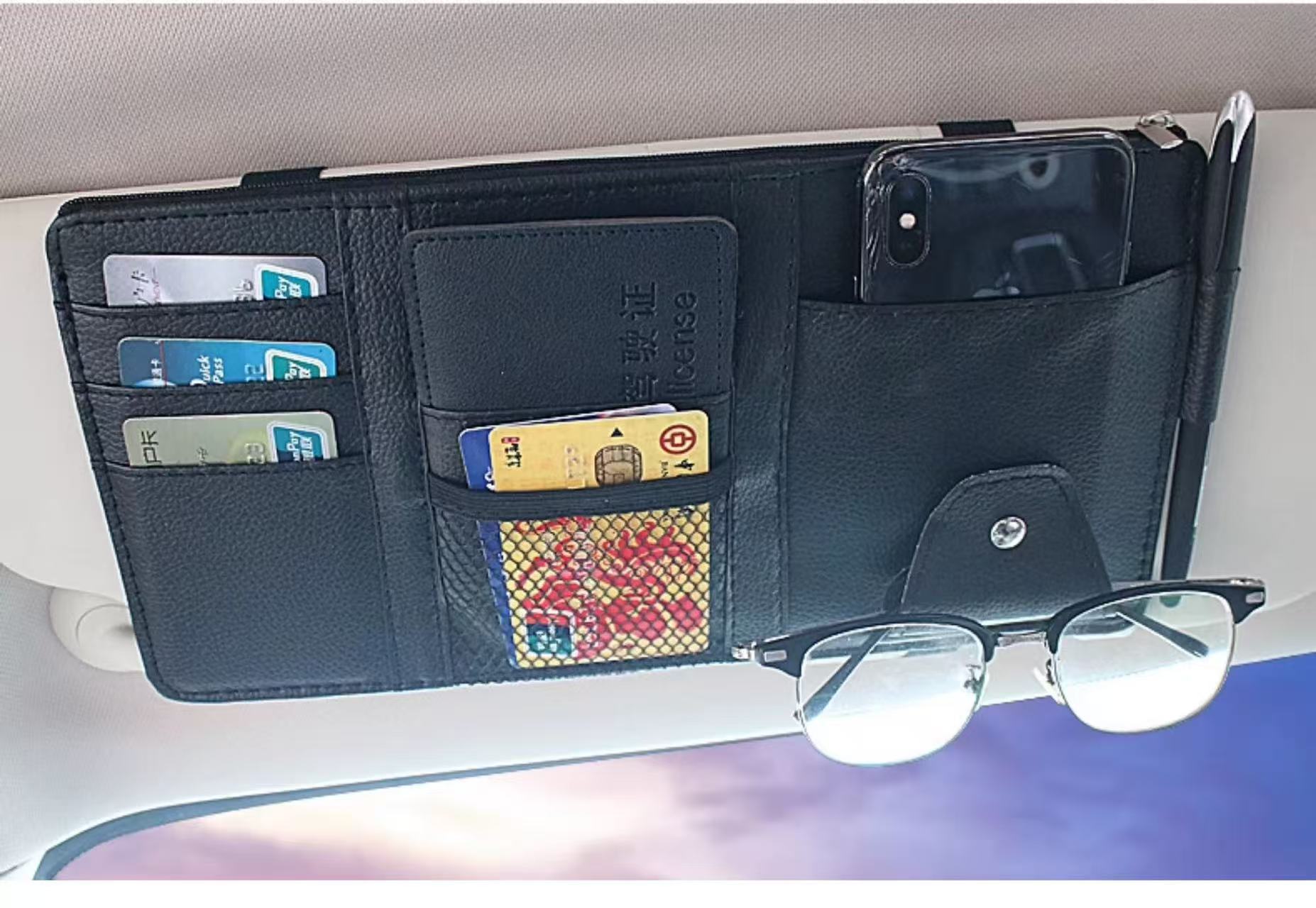 Car sun visor multifunctional eyeglass holder, eyeglass clip, bill and card holder, storage bag, interior accessory