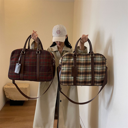 Luggage bag, short trip bag, woolen checkered toast bag, shoulder bag, fitness yoga bag storage