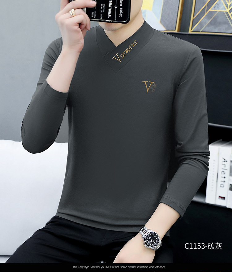 2022秋季V领新款长袖男士T恤韩版男装打底衫休闲男式T恤上衣批发 pic 14