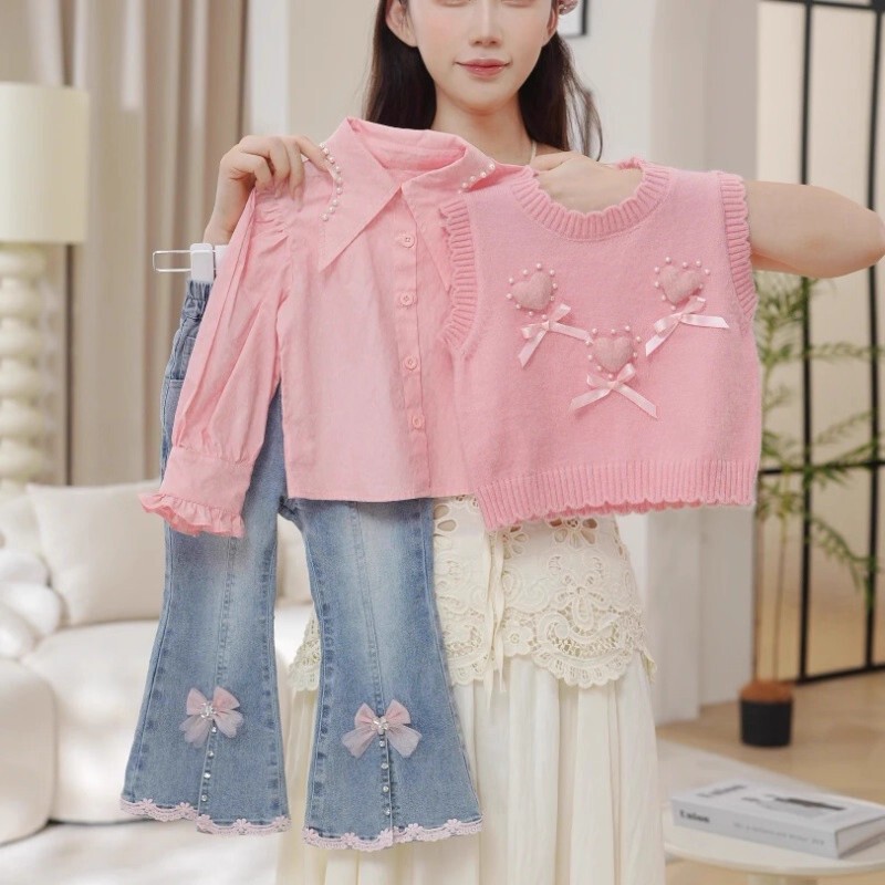 2025女童套装秋季新款高级感千金风粉色爱心马甲衬衫牛仔裤三件套|undefined