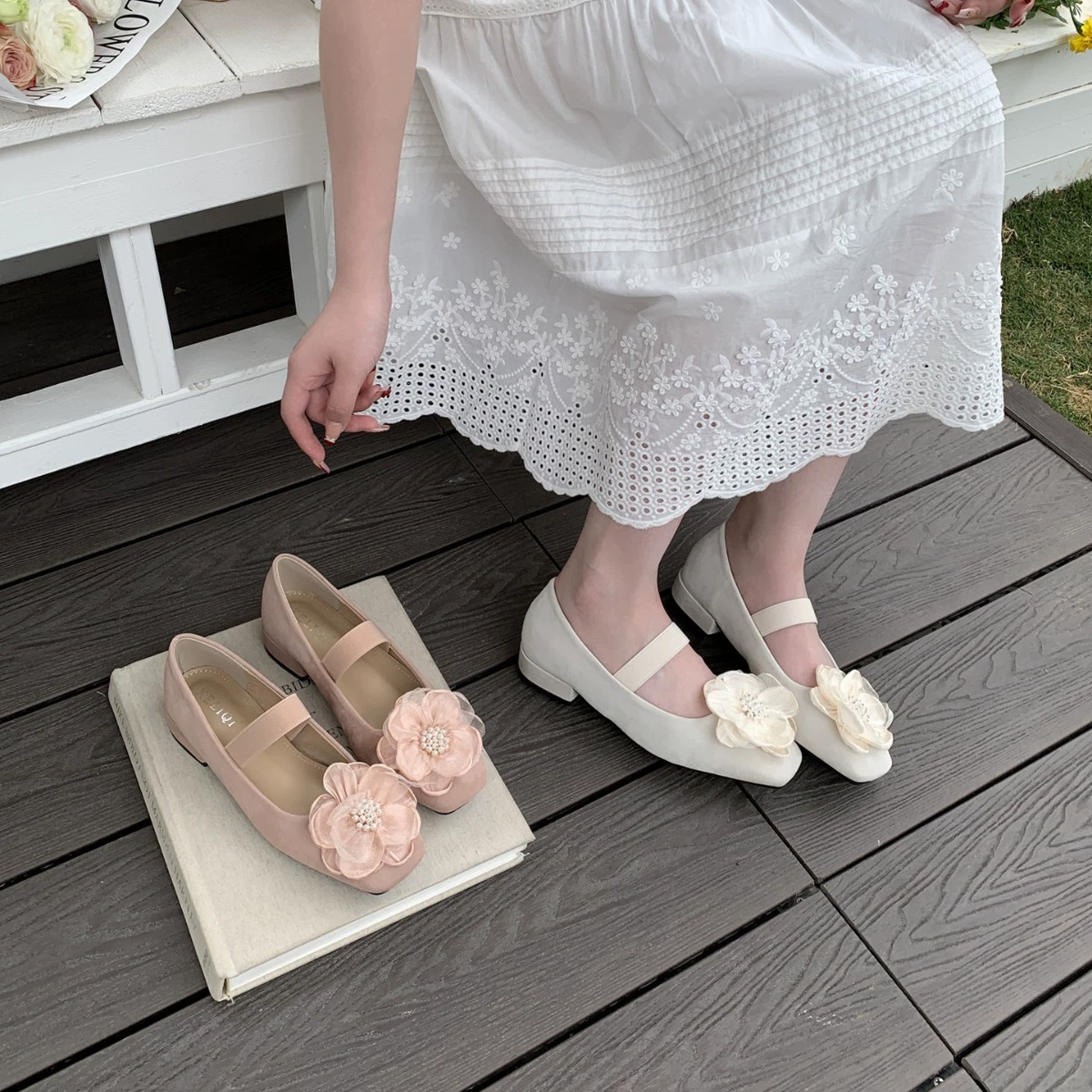 Женские туфли-лодочки с цветком розы, весна-осень 2025, новый стиль, вечерний бриз, фея, новая китайская мода, туфли Мэри Джейн на среднем каблуке