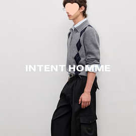 冬季保暖慵懒感菱形格针织衫上衣男款miu系休闲百搭长袖翻领毛衣