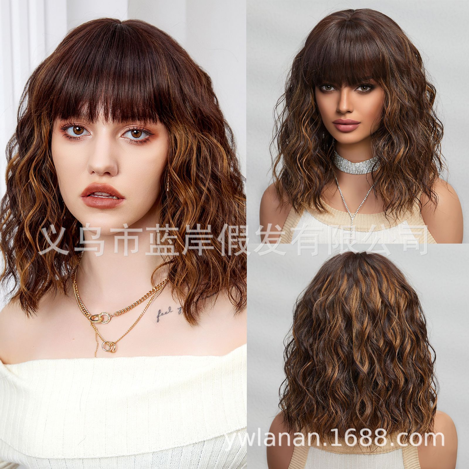 Shein transfronterizo europeo y americano Peluca de pelo corto de las mujeres de la cubierta de la cabeza completa de simulación de lana natural pequeña fábrica de pelo rizado corto rizado en stock