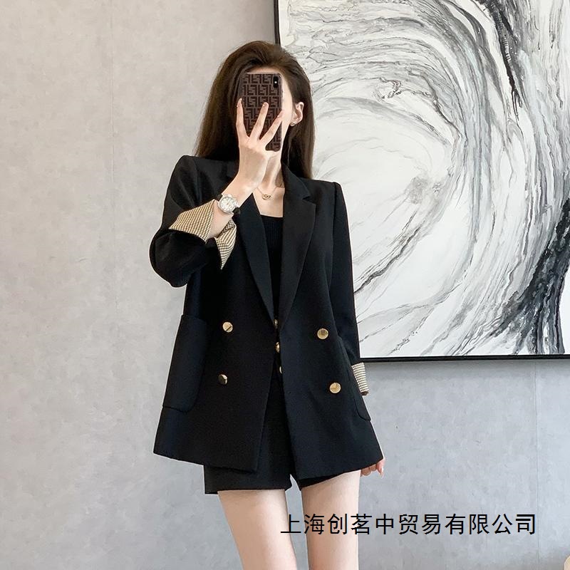 2026 Early Spring New Style French Retro British Style Loose-Fitting Slimming Double-Breasted Black Turn-Sleeve Blazer
