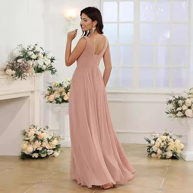 Ladies Bridesmaid Dress Dress Amazon Wedding Chiffon Pleated Slit V-Neck Evening Dress Formal Ball Gown