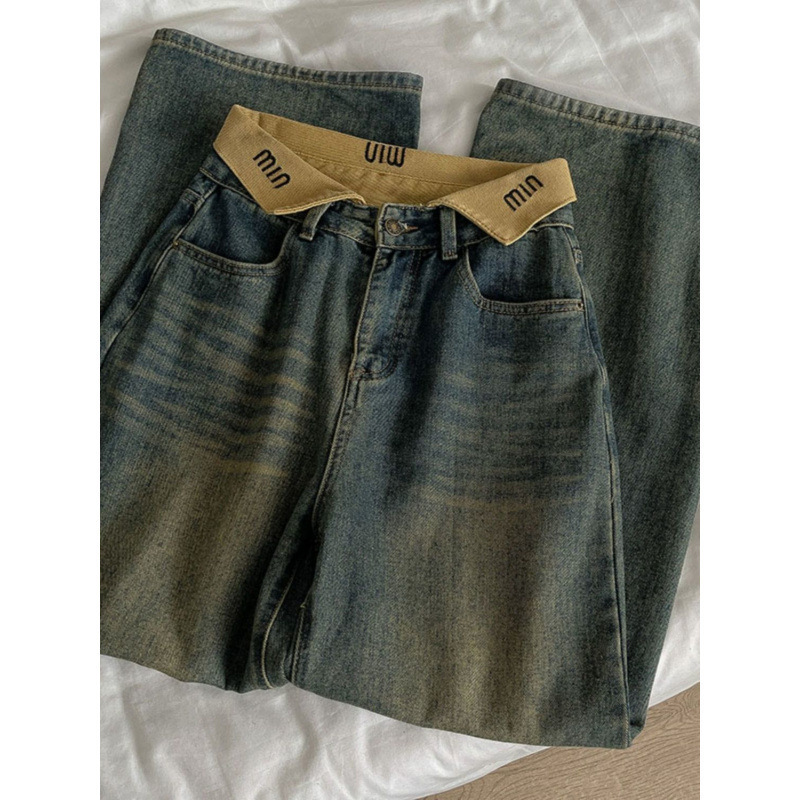 Cuffed Jeans for Women, 2025 Spring New High-Waisted Retro Straight-Leg Wide-Leg Pants, Versatile Fit