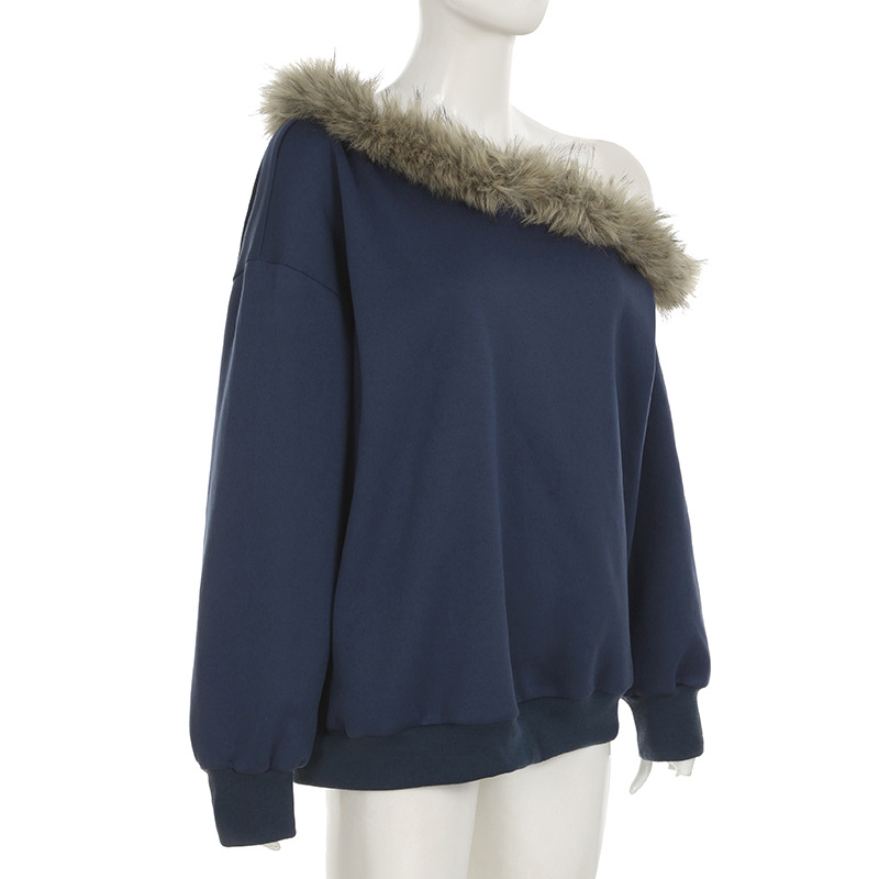 Street Furry Stitching Personality Diagonal Collar Loose Sweatshirt Sexy Sexy off Shoulder Casual Long Sleeves