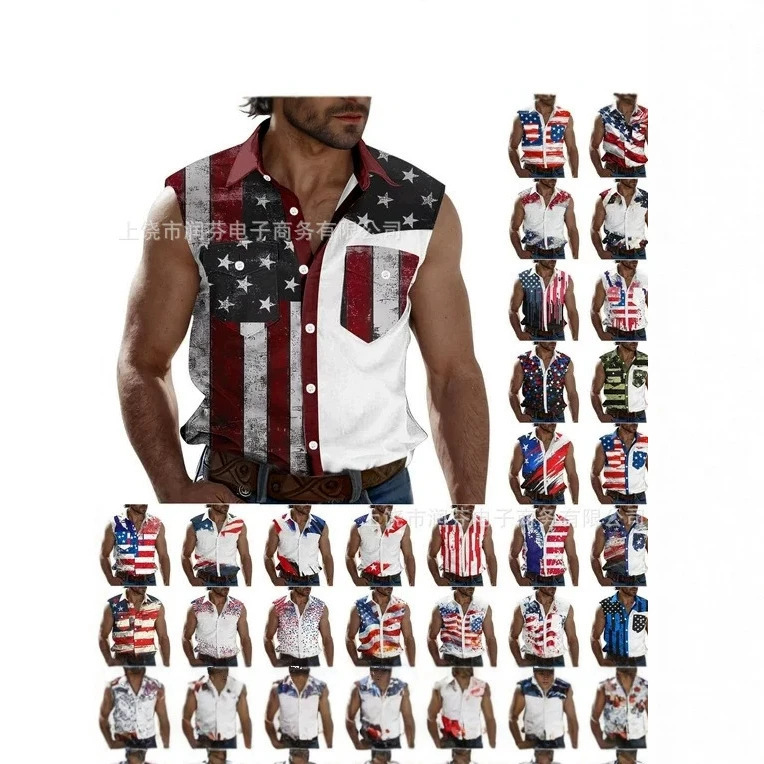 2026 Popular Foreign Trade Item: American Flag Sleeveless Shirt, Vintage Distressed Style, Summer Western Work Shirt
