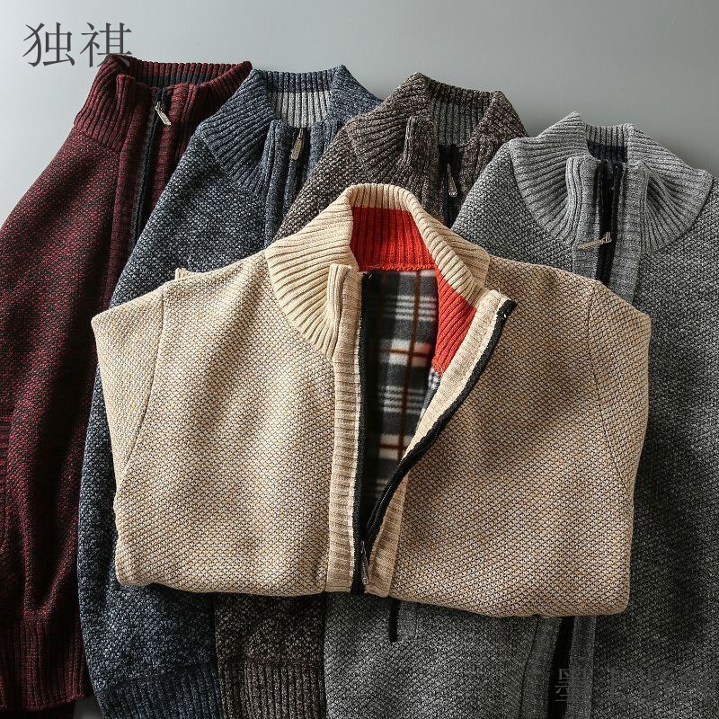 2023 autumn and winter new men's stand collar knitted cardigan fleece-lined thick warm casual Joker sweater jacket coat