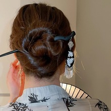 中国风螺钿木发簪银色流苏发钗气质后脑勺盘发簪子新中式旗袍头饰