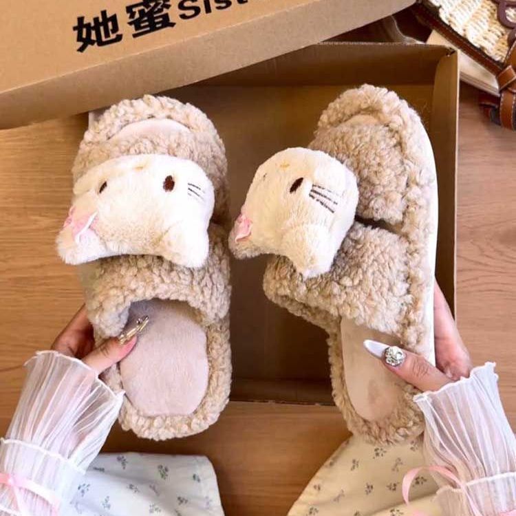 一字防滑毛毛拖鞋女秋冬季2025可爱卡通毛绒保暖居家室内棉拖鞋女|undefined