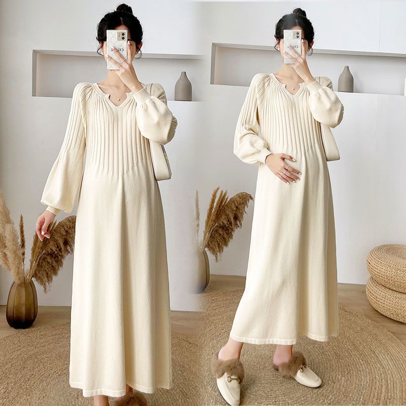 Maternity Wear Long Sweater Dress over the Knee Women's Autumn and Winter New Outer Wear Loose Large Size Hot Mom Knitted Dress Long Skirt