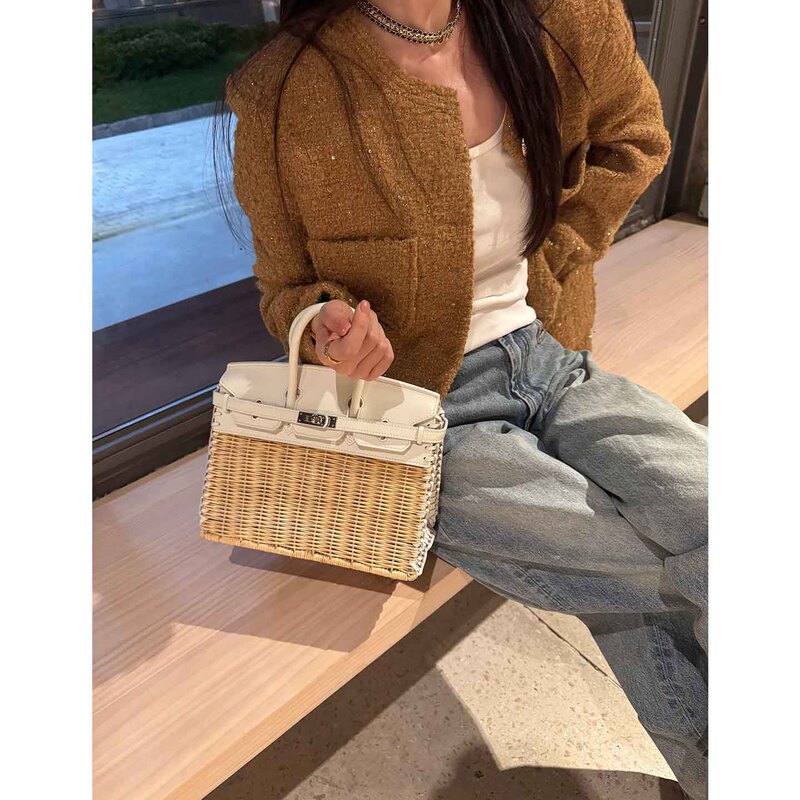 Wicker and Swift Calfskin Platinum Bag, Rattan Woven Handbag, Picnic Bag, High-End Vacation Bag for Women Wicker and Swift Calfskin Platinum Bag, Rattan Woven Handbag, Picnic Bag, High-End Vacation Bag for Women