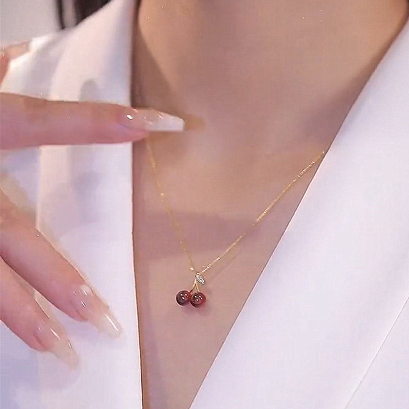 Cherry Pattern Women's Gender 925 Sterling Silver Twisted Rope Chain Plating Cherry Pendant Necklace