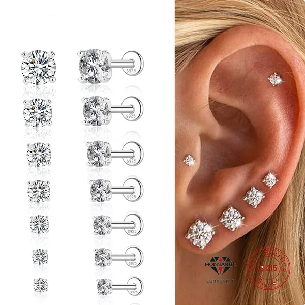 New S925 Sterling Silver Moissanite Classic Four-Prong Diamond Flat Head Piercing Earrings Threaded Piercing Cartilage Ear Bone Nails