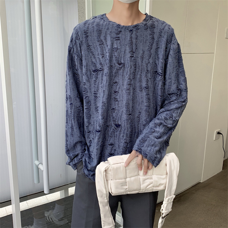 La Primavera de cuello redondo de manga larga Camiseta de los hombres de estilo coreano estilo de Hong Kong casual todo partido de moda ins pullover personalizado rasgado camiseta top
