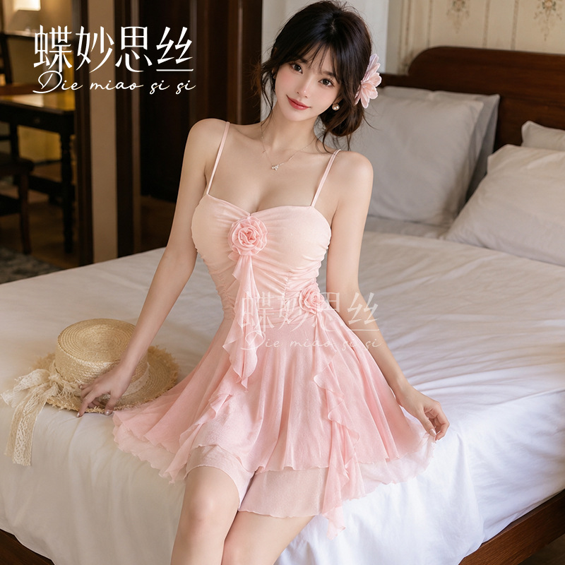 Di Miao Si 실크 섹시한 메쉬 로우 컷 순수한 욕망 달콤한 기질 꽃 스플 라이스 서스펜더 태슬 드레스 A971