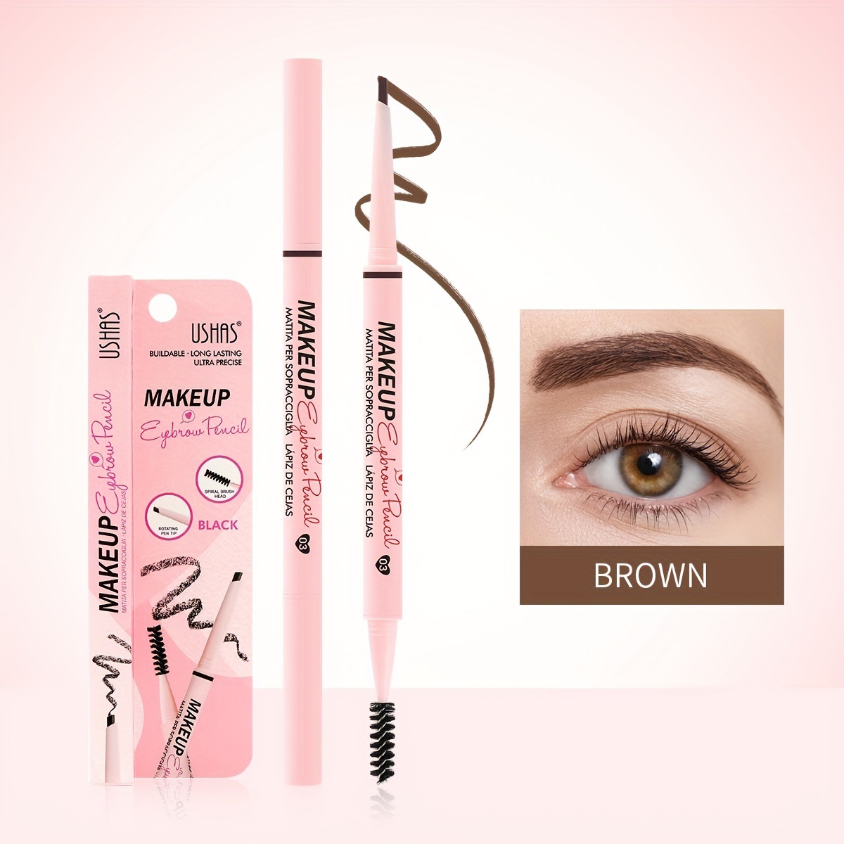 Lápiz de cejas giratorio de estilo explosivo transfronterizo USHAS, impermeable, resistente al sudor, no se desvanece, duradero, sin manchas, maquillaje natural