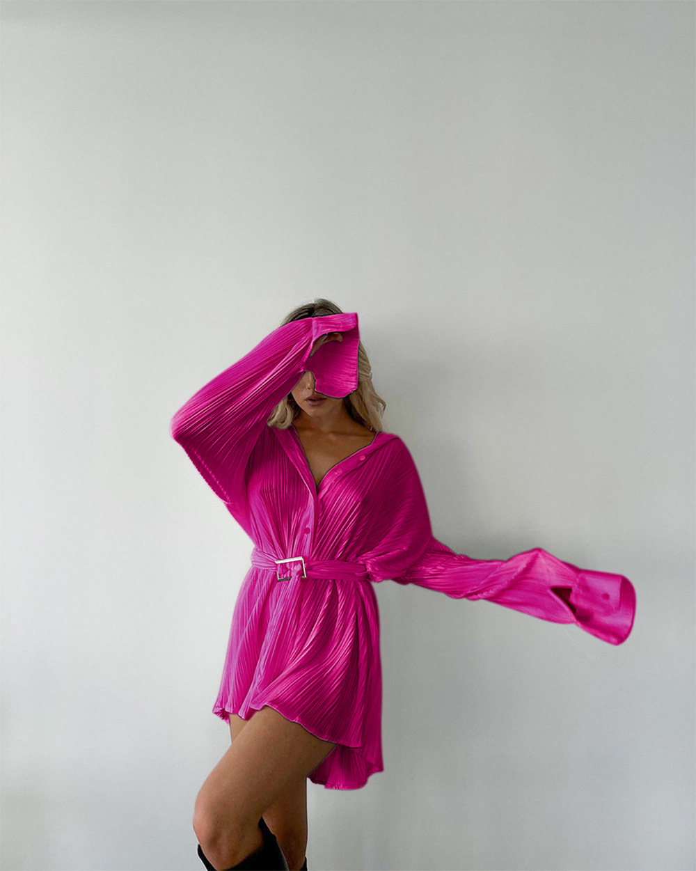 Women's Clothing 2024 women's new shirt collar fashion women's elastic waist pleated long sleeved lace up dress_mkmklike.com