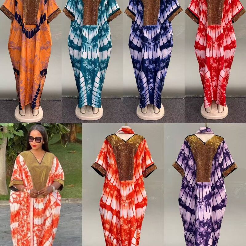 Cross-Border 2025 New Printed Loose Summer Robe Large Size Headscarf Ethnic Long Gown Dress Long Skirt