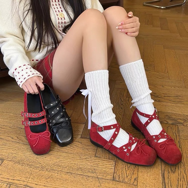 Chanel-Style Cross-Strap Buckle Ballet Flats for Women, 2026 New Model, Red Mary Jane Shoes with Bow, Women's Single Shoes