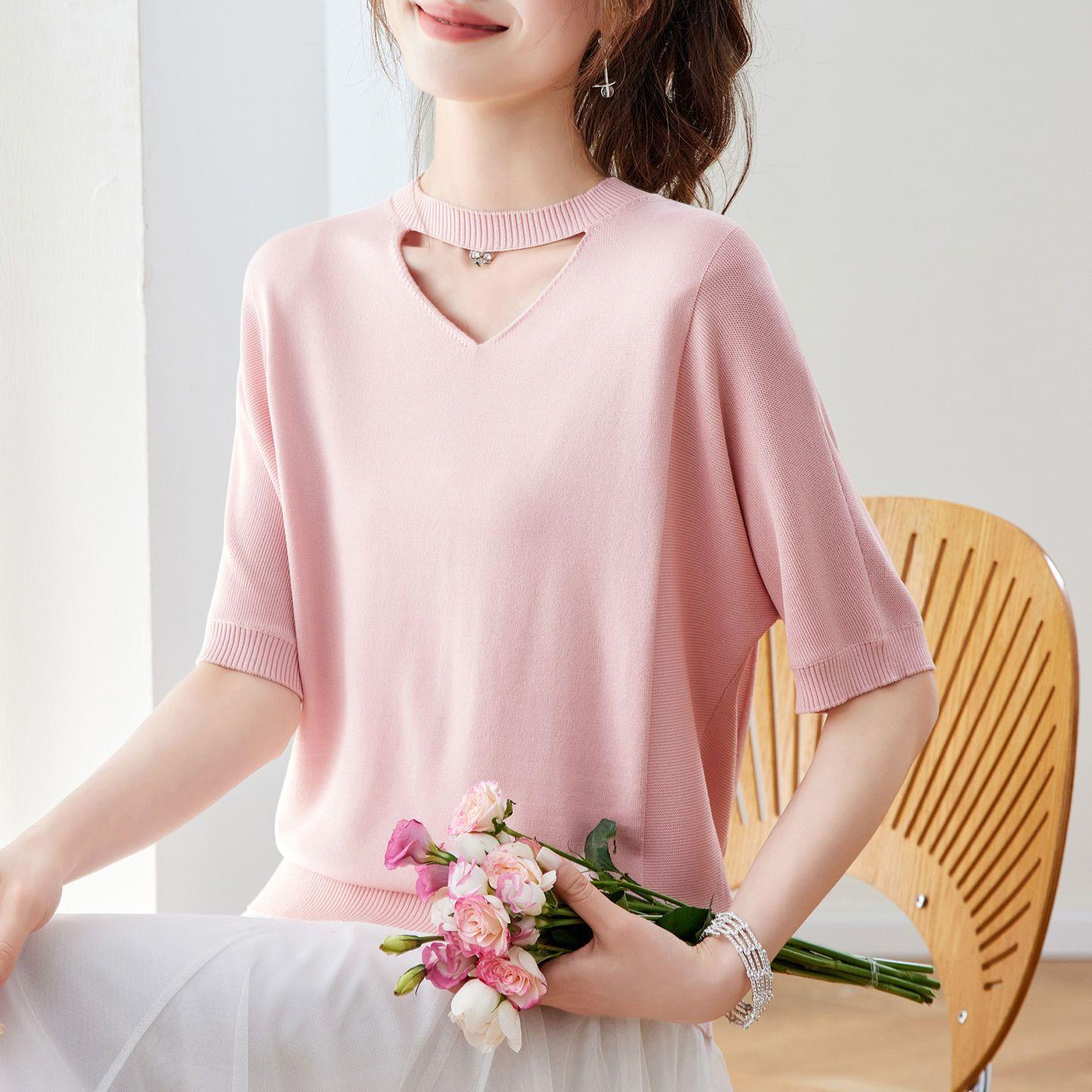 Solid color knitted summer thin short sleeve T-shirt