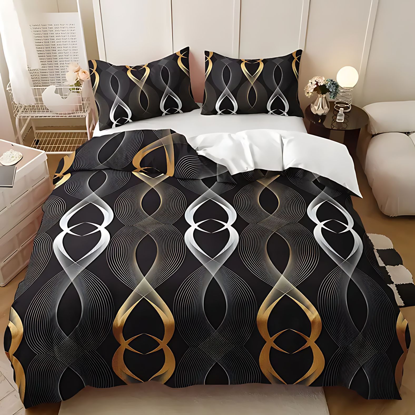 TEMU / JIT Transfronterizo Kit de colcha de cama de impresión digital línea de perilla de oro negro se puede ajustar