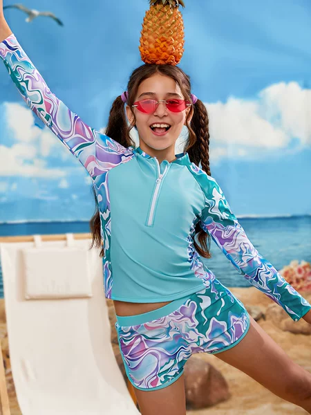 Amazon Children's Swimwear Long-Sleeved Sun Protection Zippered Two-Piece Set Kids' Swimsuit with Cpc Certification