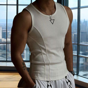 American-Style Men's Vest with Thick Ribbed Slim Fit, Men's Sports Training Striped Vest Base T-Shirt