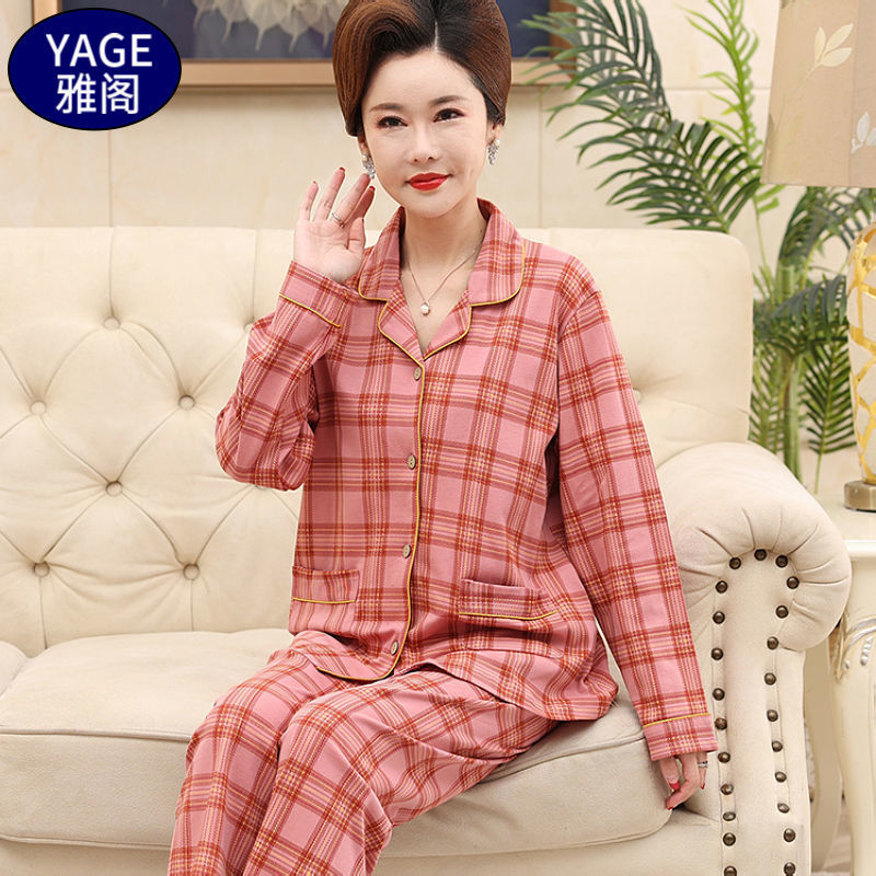 Pijamas de algodón Primavera y otoño de las mujeres chaqueta de manga larga traje de mediana edad y las madres mayores más tamaño al aire libre desgaste del hogar de invierno