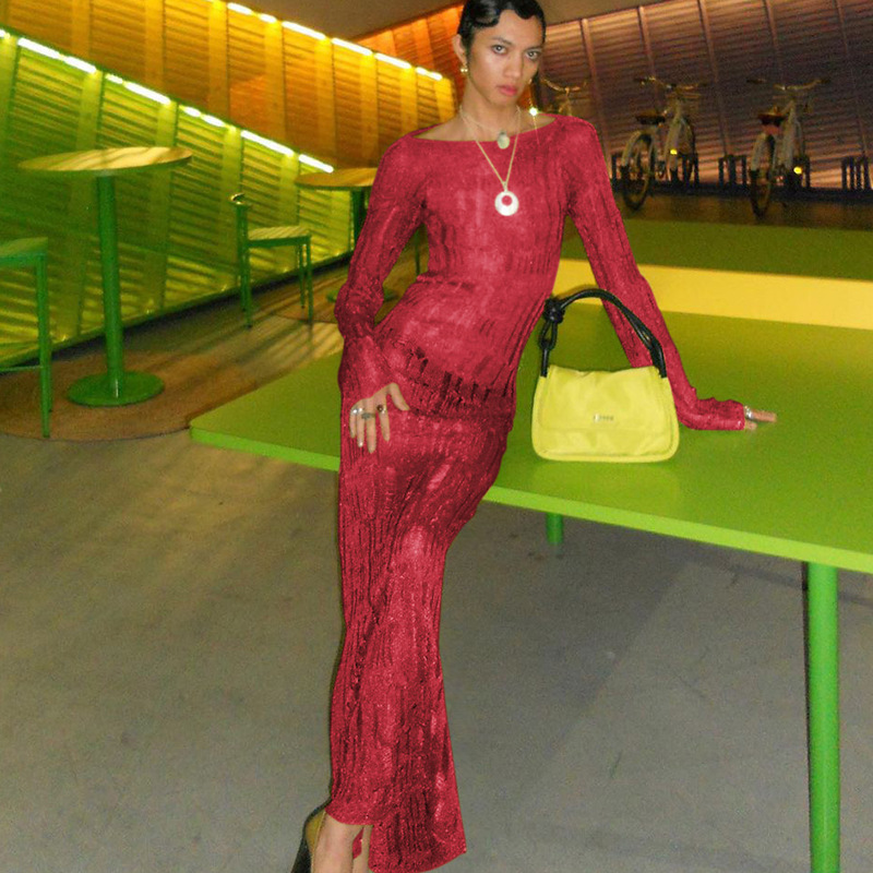 European and American Hot-Selling Summer New Sexy Backless Cut Out See-Through Long-Sleeved Slim-Fitting Long Woolen Dress for Women