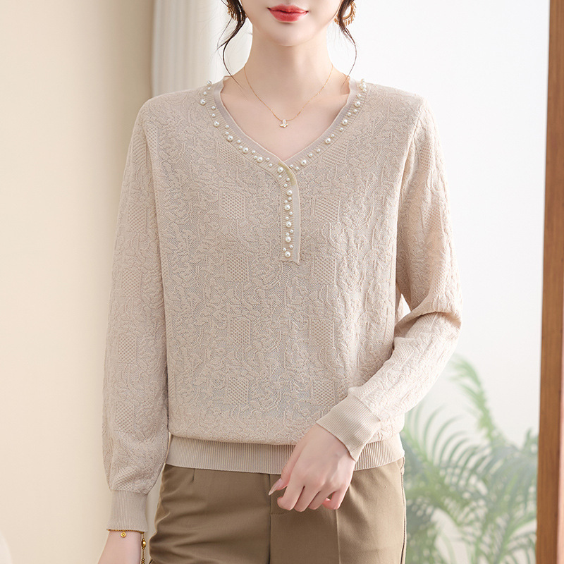 Trendy Base Layer Clothes for Middle-Aged Women, Autumn New Sweaters, Middle-Aged and Elderly Spring and Autumn Knitted Loose Long-Sleeve Tops
