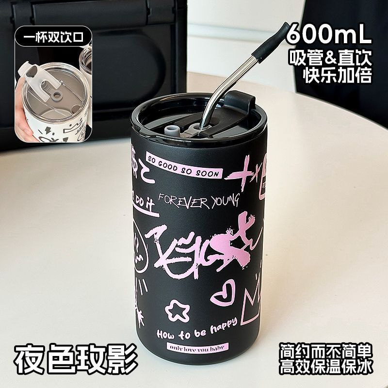 クリエイティブ落書きステンレスコーヒーカップ女子オフィスストローカップ高颜値保温カップ家庭用コップカップカップ|undefined