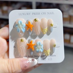 欧美跨境新款海洋系列杏仁甲立体线条海星花浮雕手工穿戴甲nails